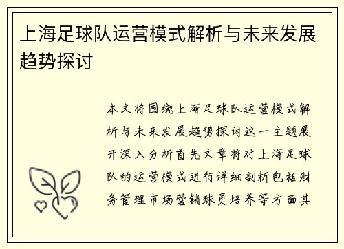 上海足球队运营模式解析与未来发展趋势探讨