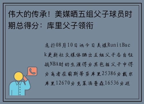 伟大的传承！美媒晒五组父子球员时期总得分：库里父子领衔
